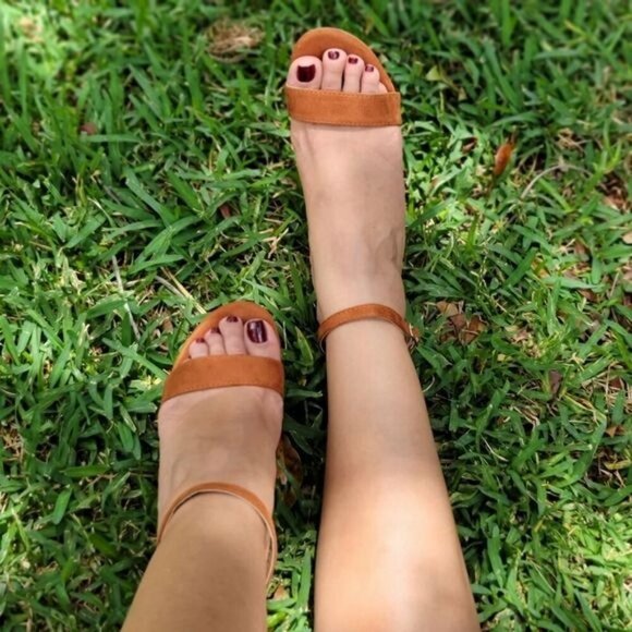 Tan Suede Ankle Strap Block Heel Dress Sandals - Picture 11 of 11